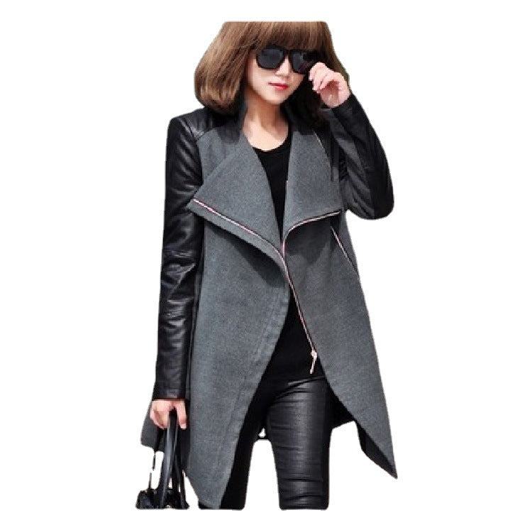 Extraordinary Medium Length Plus Size Coat Spliced Leather Sleeve Wool Coat Trench Coat
