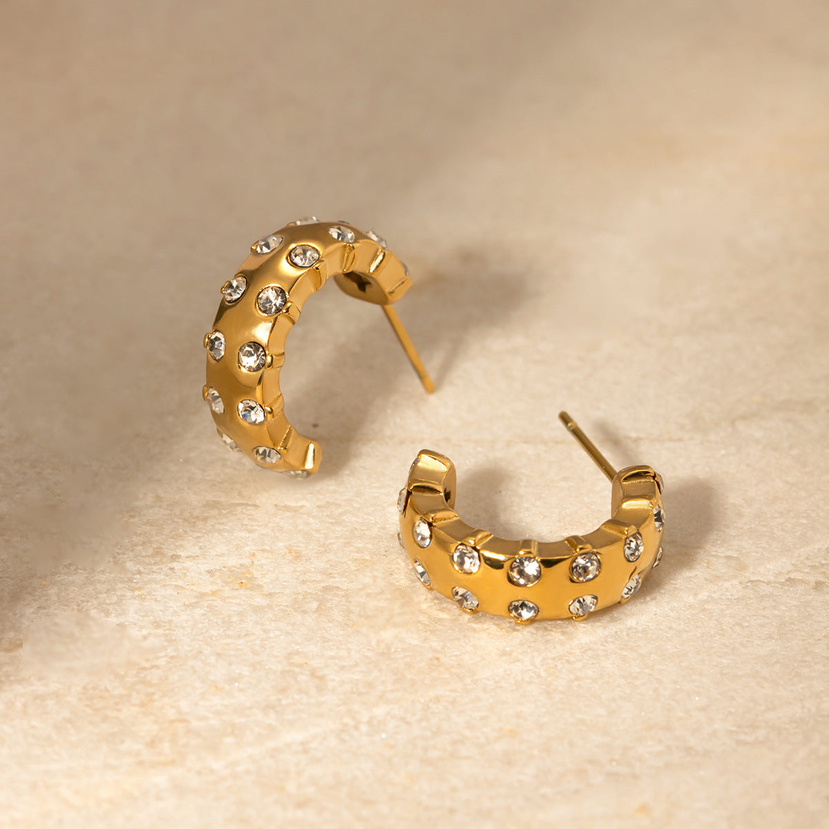 5pcs 16K Gold Stainless Steel Zircon Inset White Zircon C-Shaped Earrings Fashion Personality Earrings Earrings