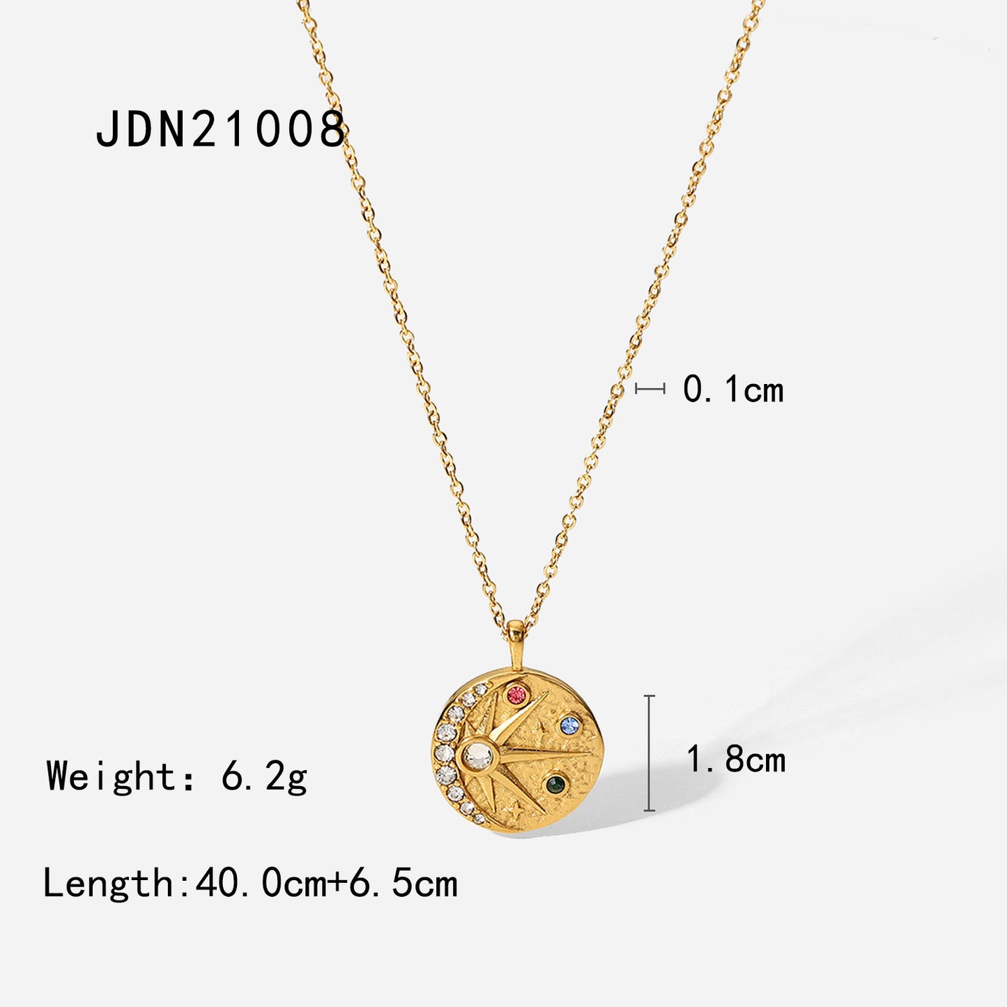 5pcs Stainless Steel Necklace 18K Gold Sun Moon Relief Hammer Inlaid Color Zircon Round Pendant Collar Female