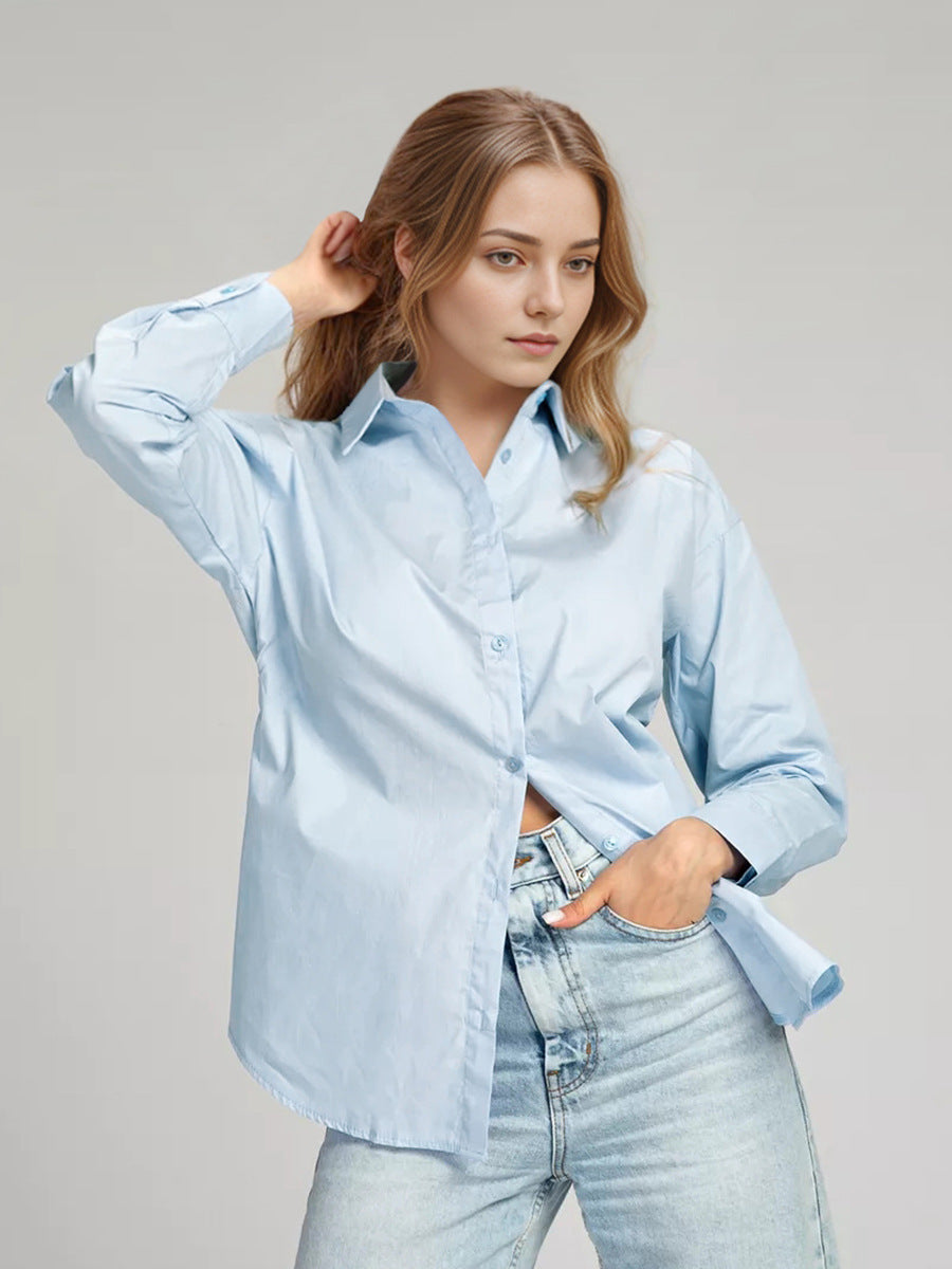 Spring Fashion Simple Solid Color Loose Lapel Long Sleeve Cardigan Shirt Wildberries Casual Women's Wear