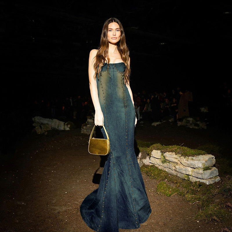 Dark Riveted Denim Dress New Fanny Pack Hip Fishtail Long Skirt Bust Zipper Slip Dress