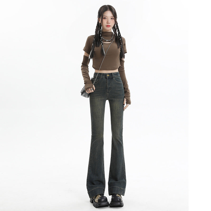 High-Waisted Jeans Women New Autumn And Winter Retro Micro-Trumpet No Elastic Loose Spice Girl Hair-Trimmed Trousers