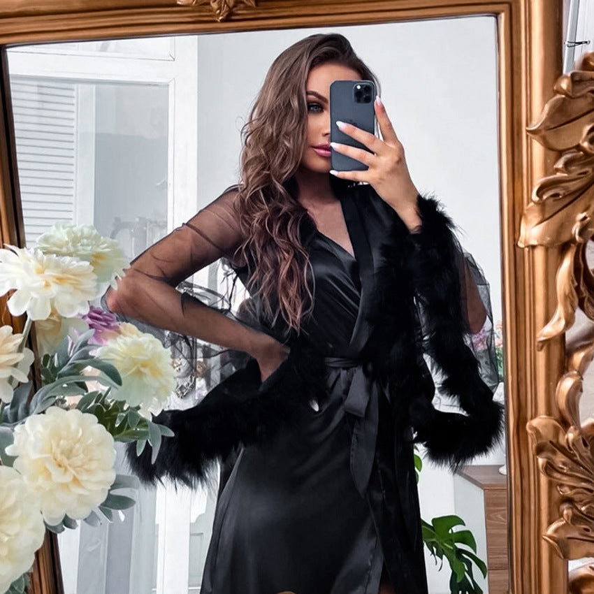 Spring And Summer Feather New Sexy Ice Silk Nightgown Woman Cardigan Binding Gauze Sweat Steaming Dress Home Dress Woman