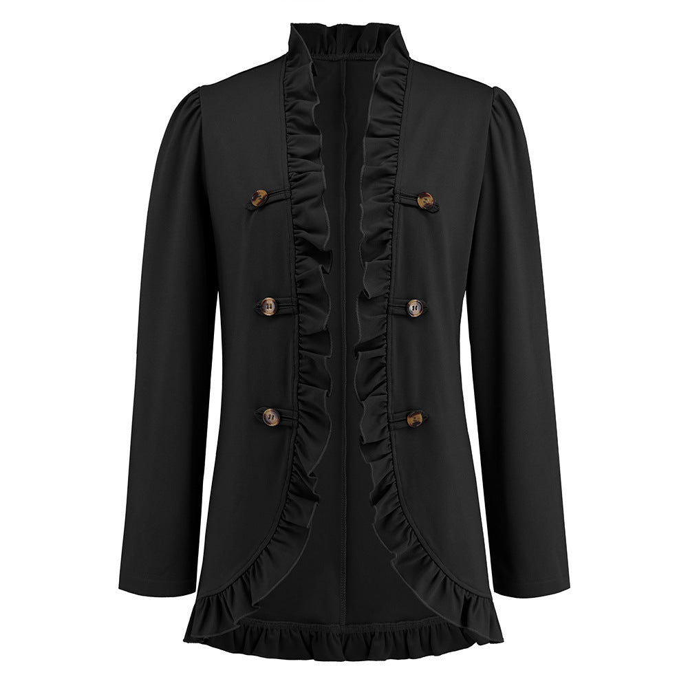 Women's Ruffled Cardigan Button Small Coat Autumn And Winter New Long-Sleeved Short Small Suit