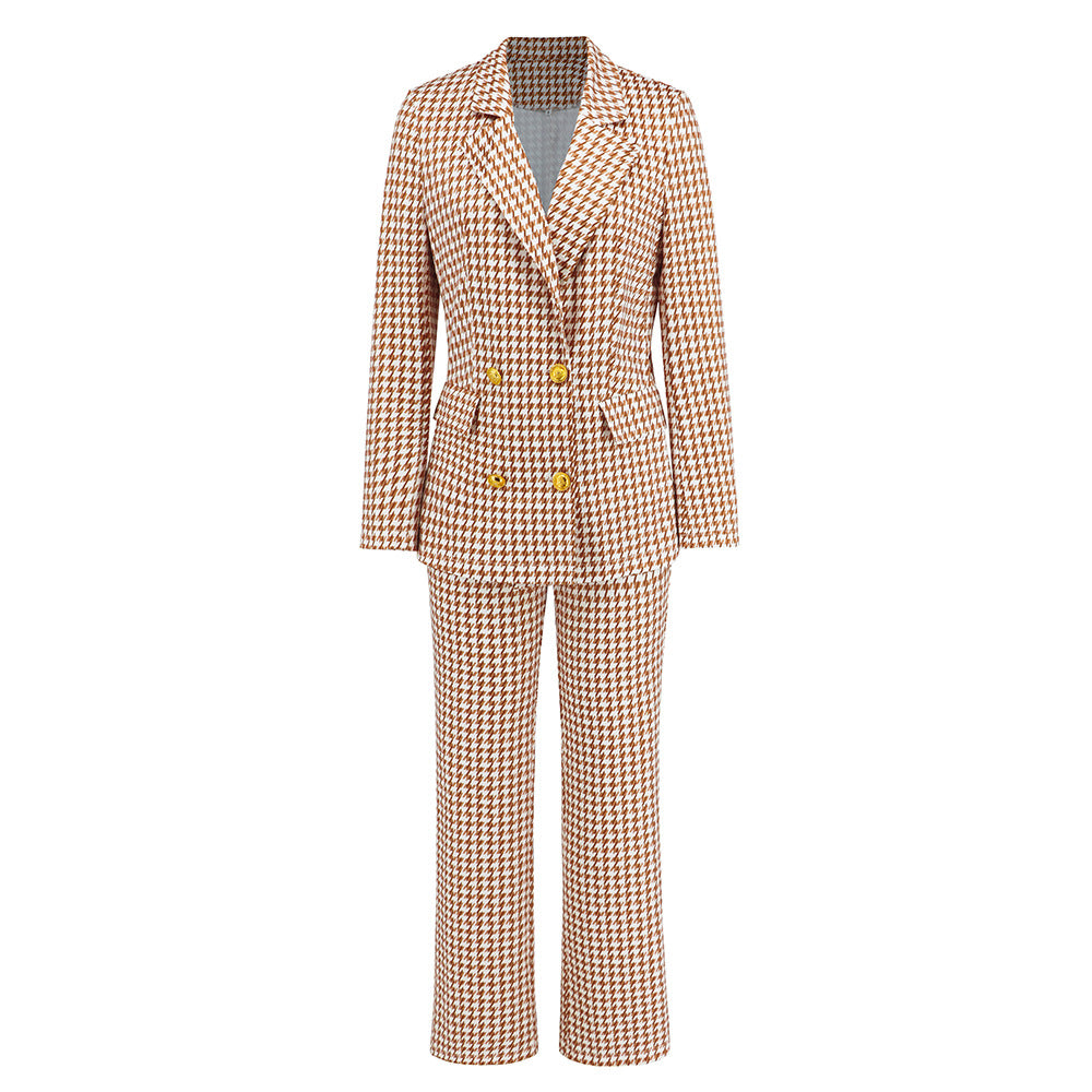 Autumn/Winter Women's New Thousand Bird Lattice Double-Breasted Suit Jacket + Slim Straight Trousers Suit Burst