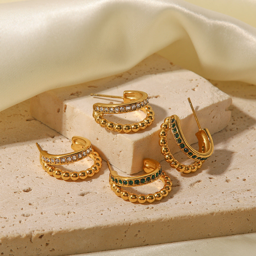 5pcs The New 18K Gold Plated Stainless Steel Fashion All-Match C-Shaped Double Gold Beads Set With Green/White Diamond Earrings