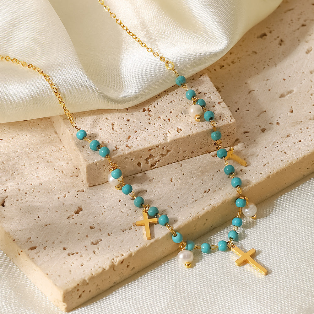 5pcs New Popular Women's Necklace Blue Stone Rice Bead Choker Cross Light Pearl Fringe Pendant Necklace