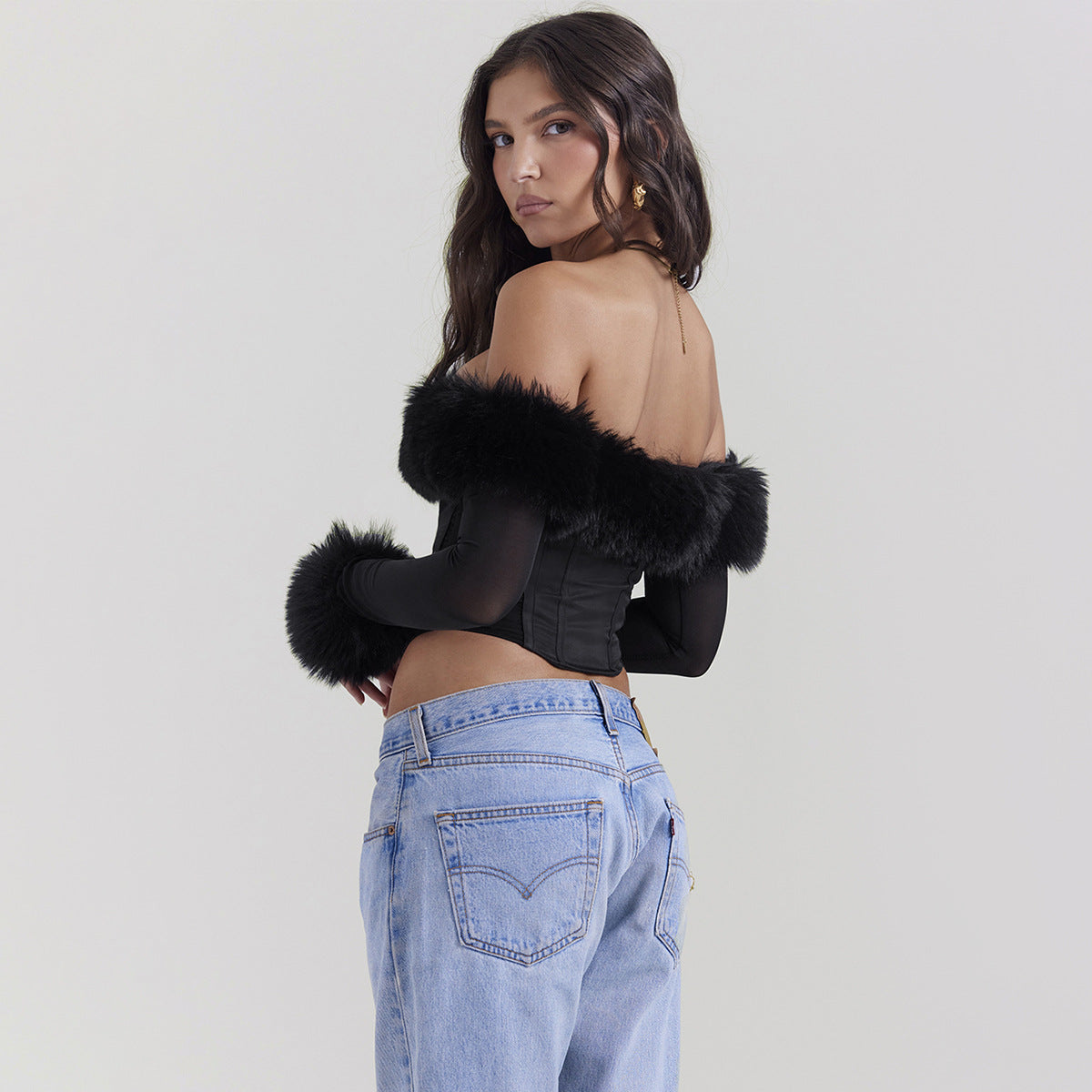 Autumn And Winter New Style Spice Girl Fashion Hair-Collar One-Line Shoulder Fishbone Long Sleeve Short Slim-Fit Top For Women