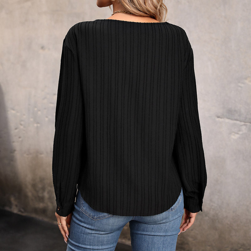 Autumn New Blouse Color Splicing V-Neck Long Sleeve Button Decoration Top