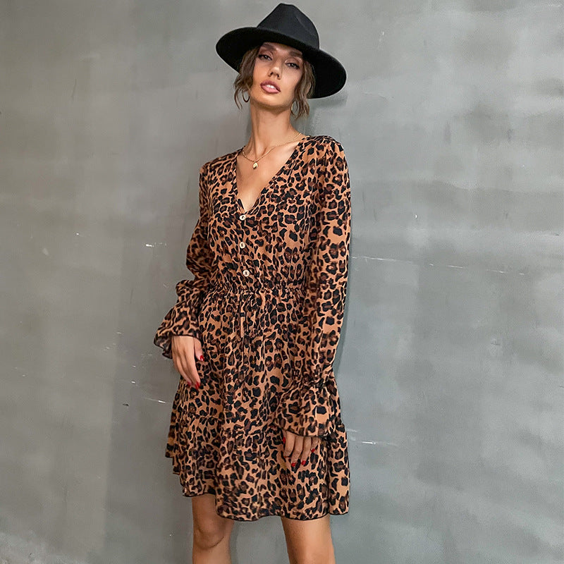 New Fashion Spring Women's Long-Sleeved V-Neck Leopard Print Dress