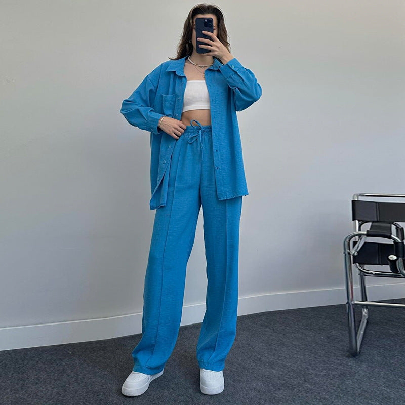 Women's Autumn And Winter Long-Sleeved Shirt Folds Elastic Waist Trousers Elegant Two-Piece Set New