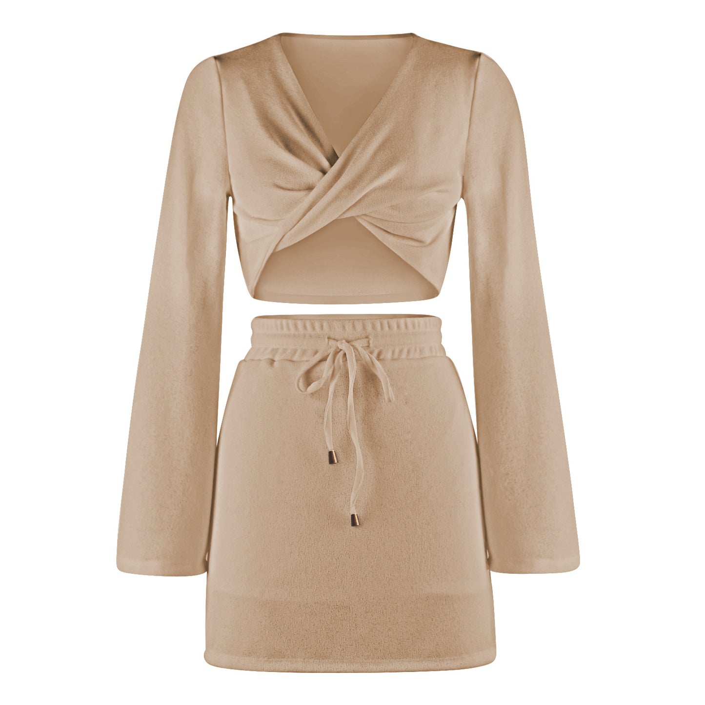 Solid Color Women's Fashion Kink Long Sleeve V-Neck Sexy Top Draw Rope Skirt Autumn Suit