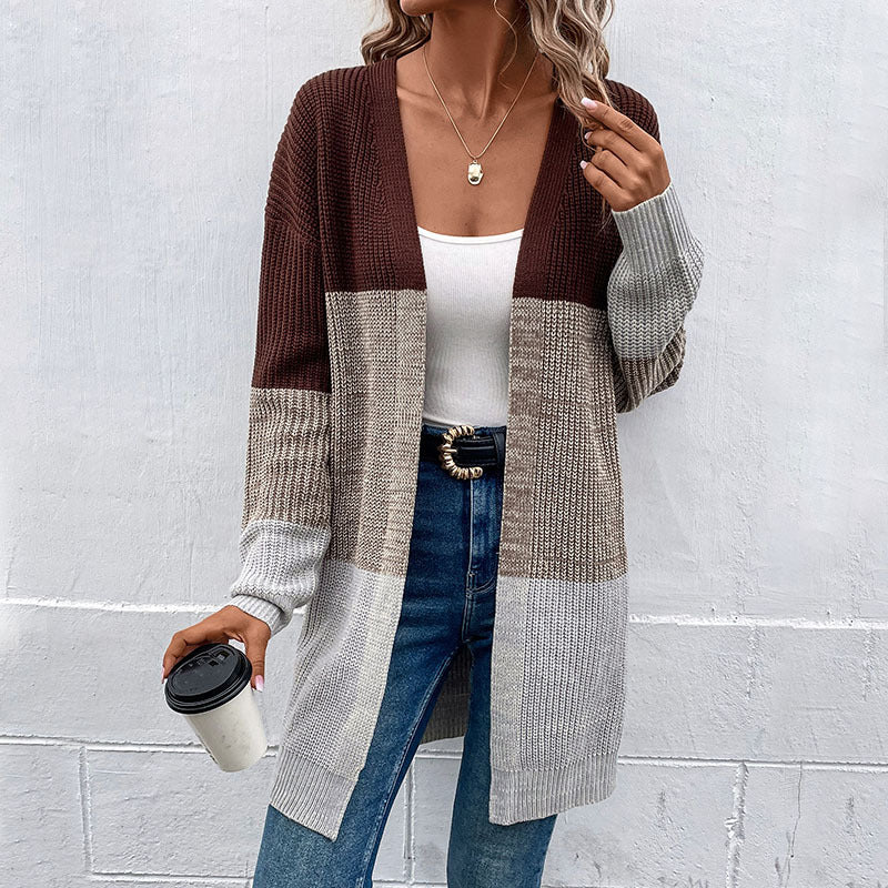 Fashion Women's Autumn And Winter New Long-Sleeved Color Long Sweater Cardigan Woman
