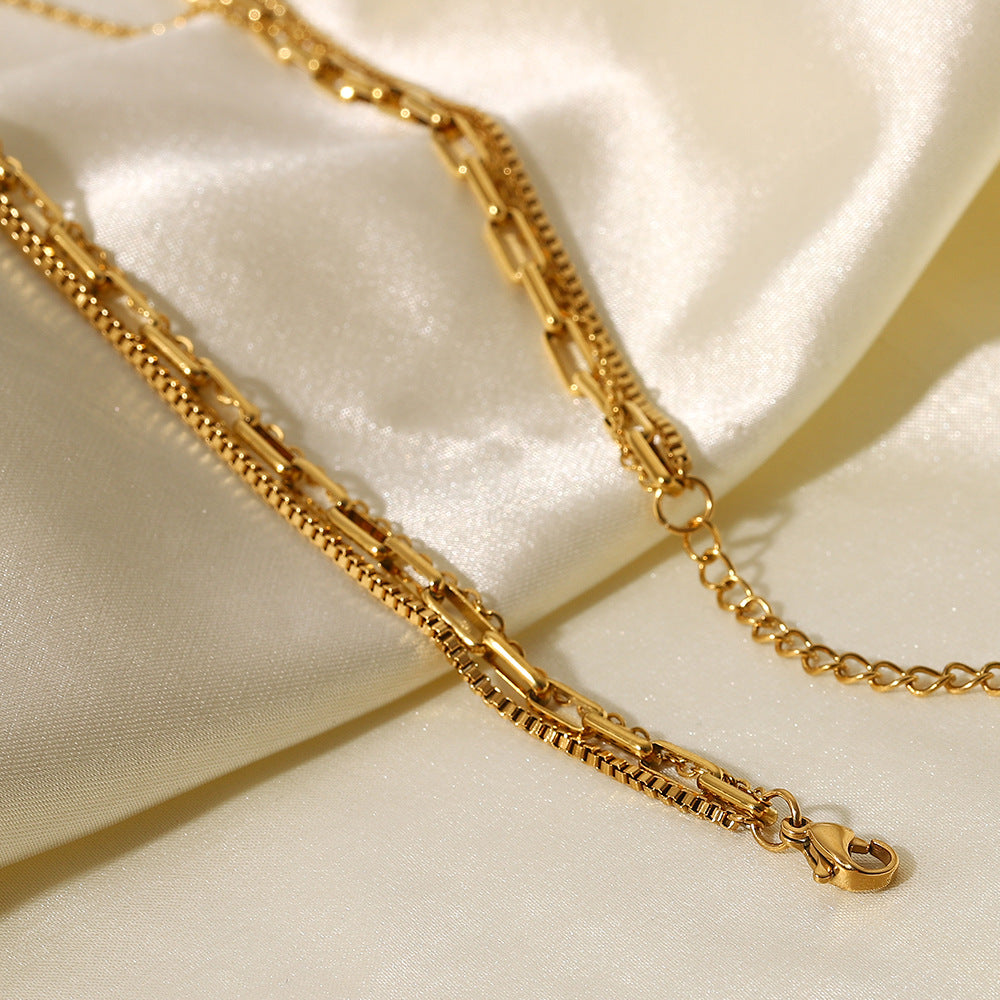 5pcs Vintage Style 18K Gold Plated Paper Clip Box Chain Stainless Steel Chain Titanium Steel Necklace Ring Triple Layer Necklace Jewelry