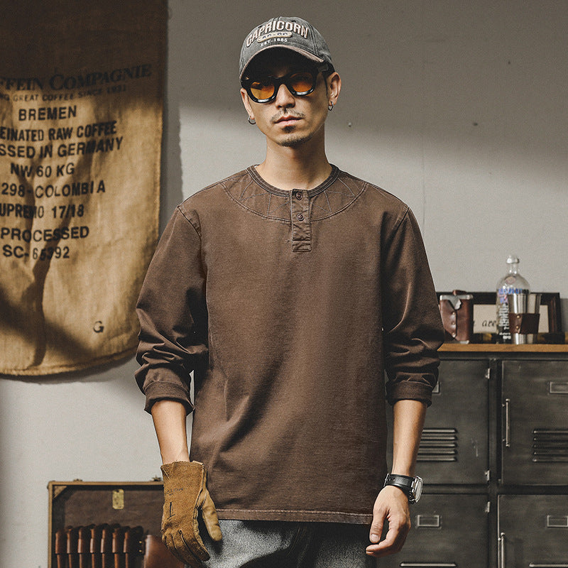 Retro Heavy Long-Sleeved T-Shirt Men's Spring And Autumn Loose Big Size Tough Guy Base Henry Shirt