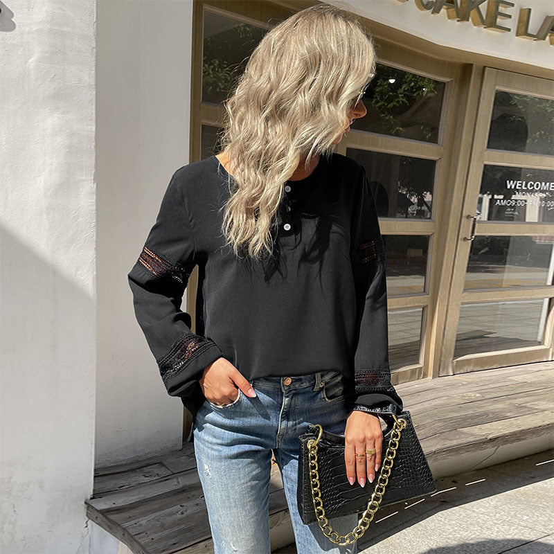 Women's Autumn New Lace Patchwork Shirt Round Neck Solid Color Long Sleeve Hollow Shirt