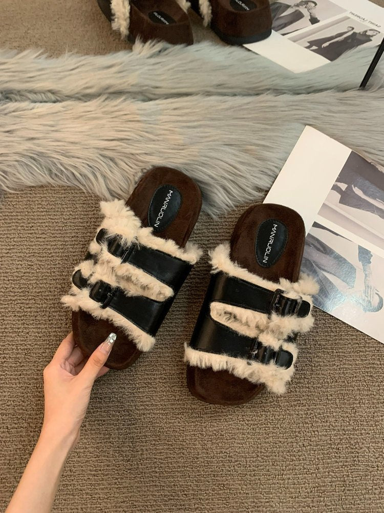 Fashion Niche Retro Furry Slippers Female Wear Autumn New Thick Soles
