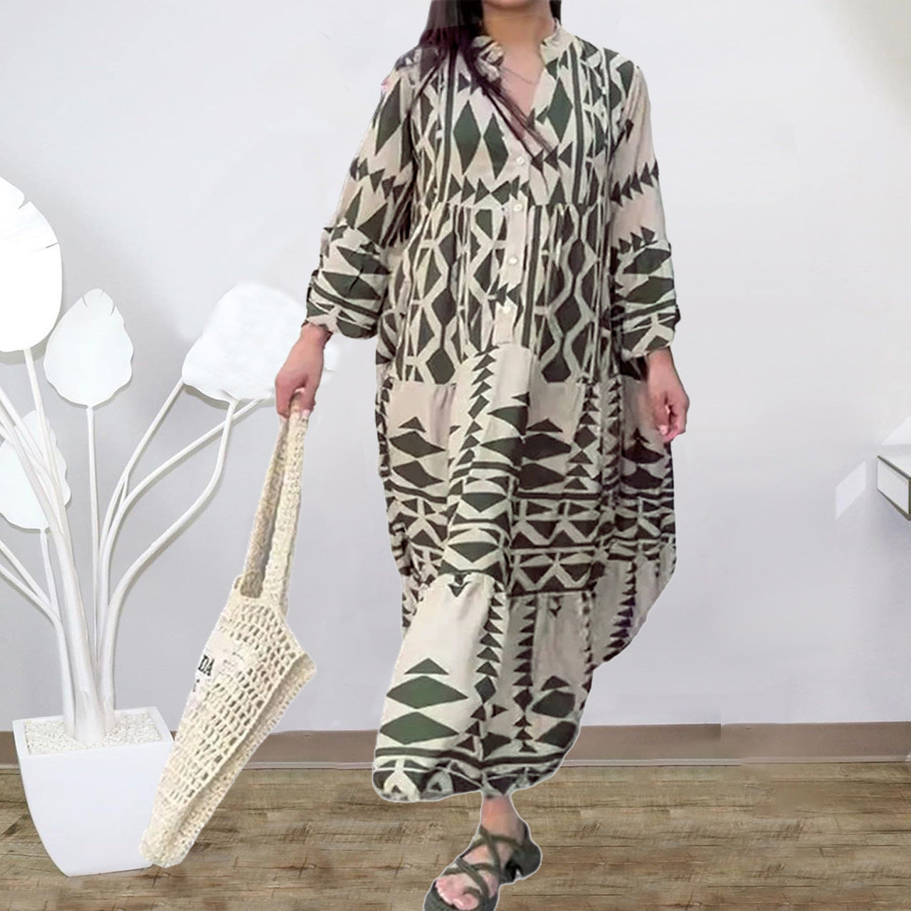 Large Size Women's Dress Autumn New Pullover Printed Bohemian Dress Women