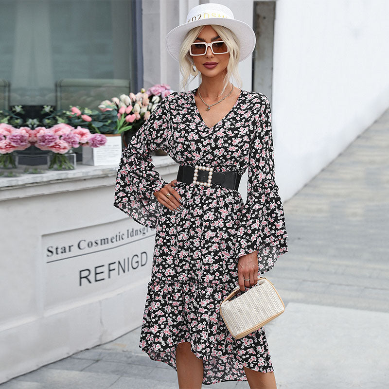 Fashion Women's Irregular Long-Sleeved Floral Dress Autumn And Winter Dress