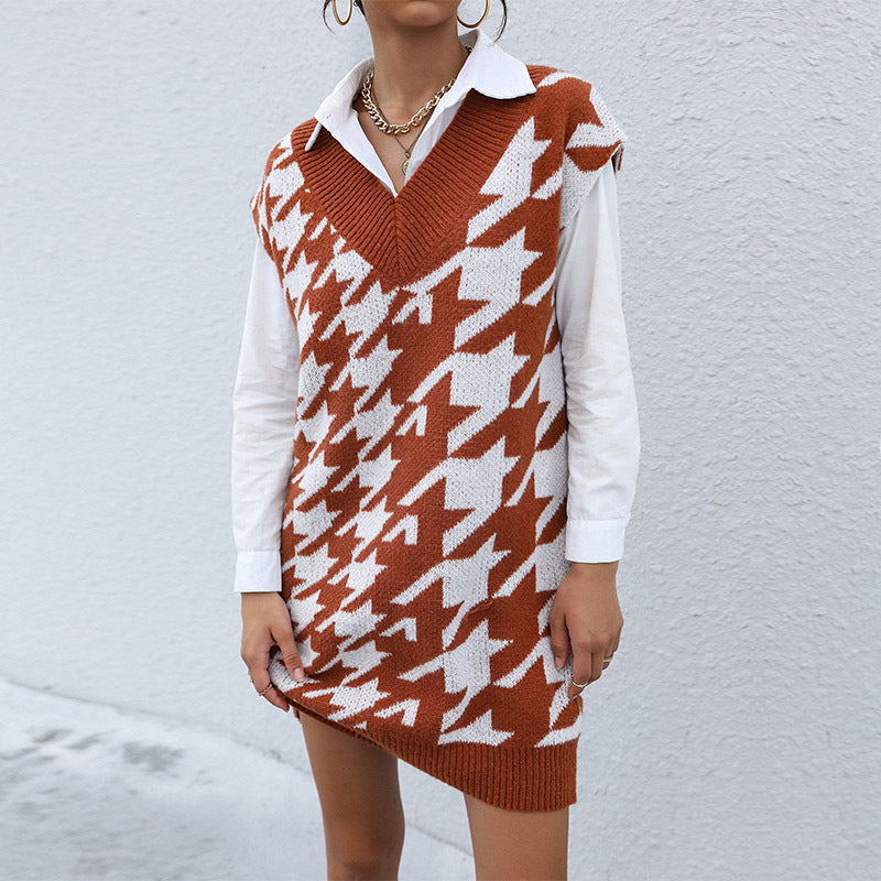 Fashion Women's Casual Long-Sleeved Thousand Bird Lattice Autumn And Winter Sweater Dress Wear
