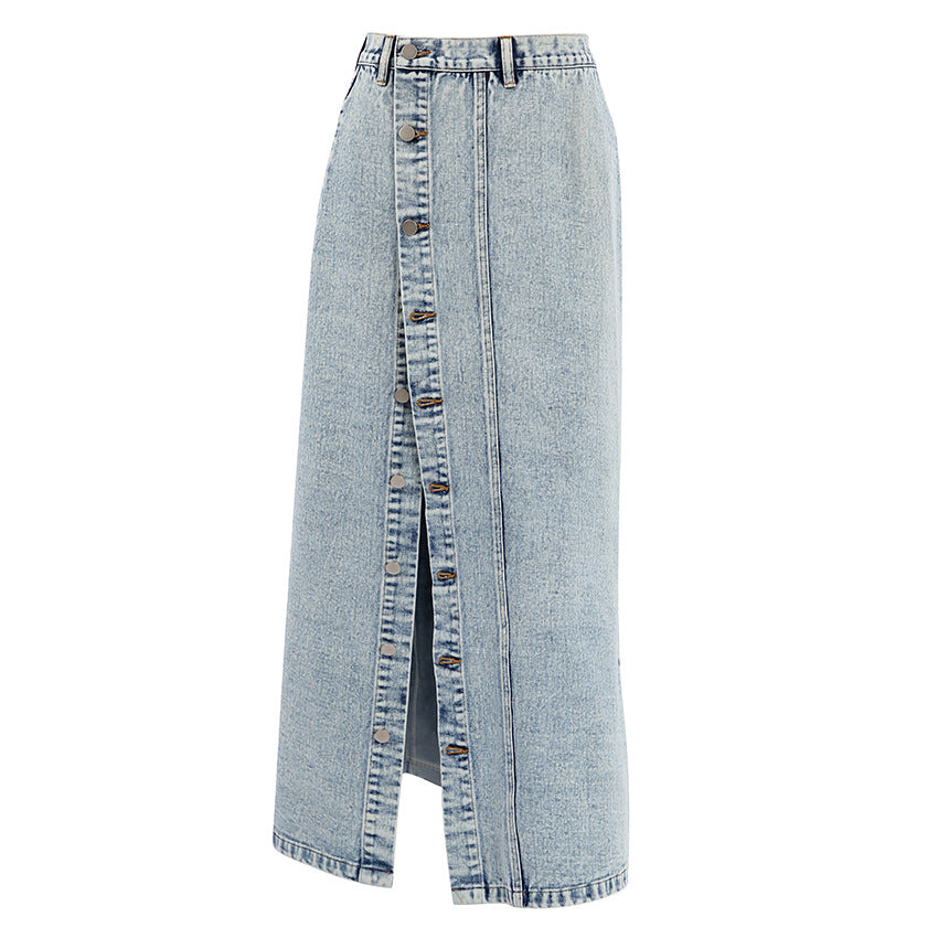 Retro Slit High Waist Denim Skirt Women's Summer Asymmetrical Design Sense Straight Skirt