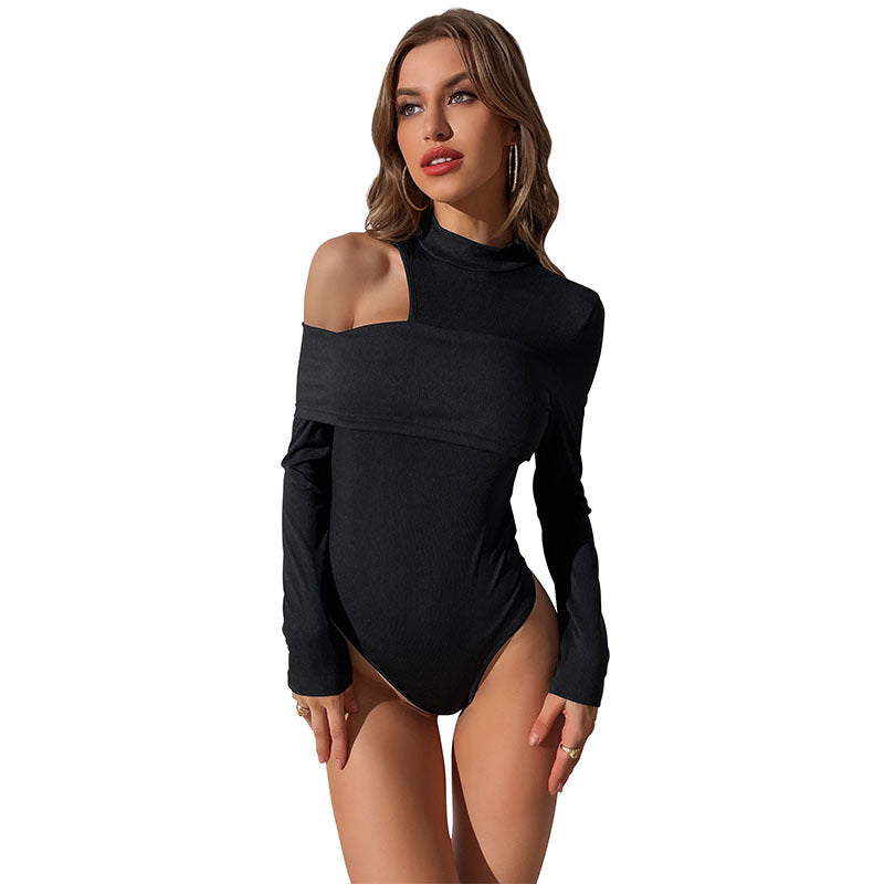 Women's Spring New Solid Color Long-Sleeved Off-The-Shoulder One-Shoulder Jumpsuit
