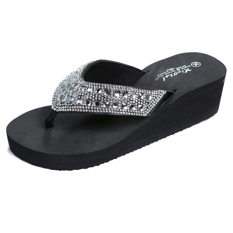 Women's Summer Diamond Sandals Women's Slippers Wear Stylish Slippers Outside The Beach Sandals Wedge Heels Breathable Flip Flops