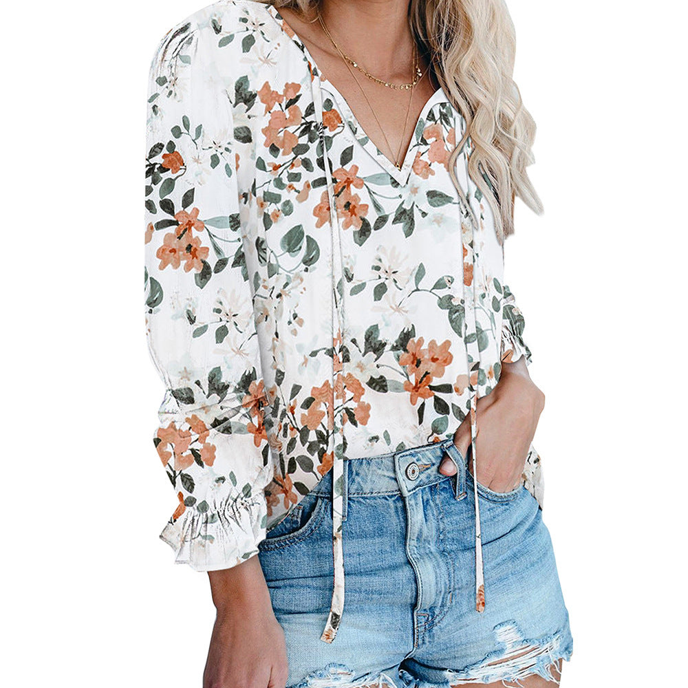 Bohemian Style Long-Sleeved Chiffon Blouse Women's Loose V-Neck Pullover Top