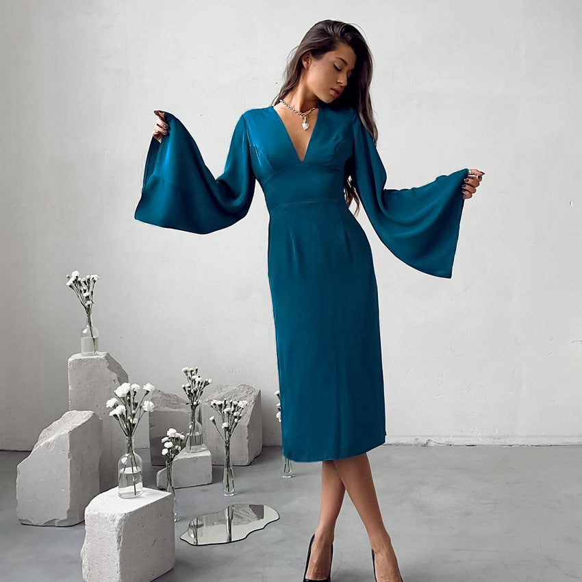 Blue Imitation Acetic Acid Color Ding Sexy Deep V Flared Sleeve Dress Spring Summer New Fashion Woman