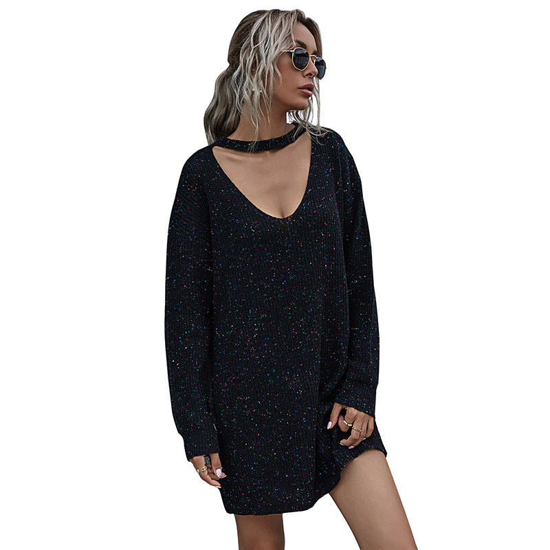 Lazy Style Retro Knitted Women's Deep V-Neck Neck Sweater Dress