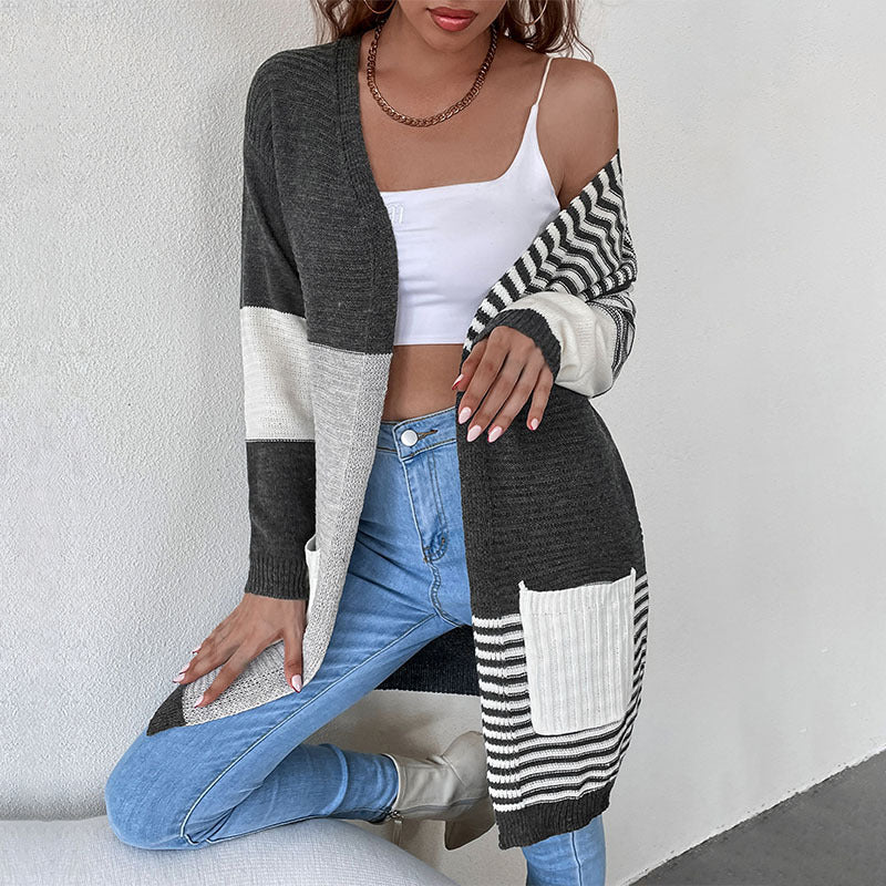 Autumn And Winter Women's Patchwork Striped Cardigan Sweater Coat