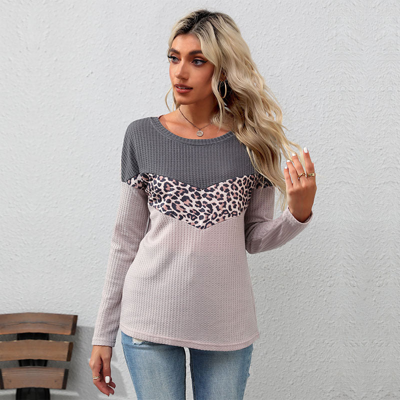 New Autumn Fashion Leopard Print Matching Color Sweater Long Sleeve Casual Blouse Women