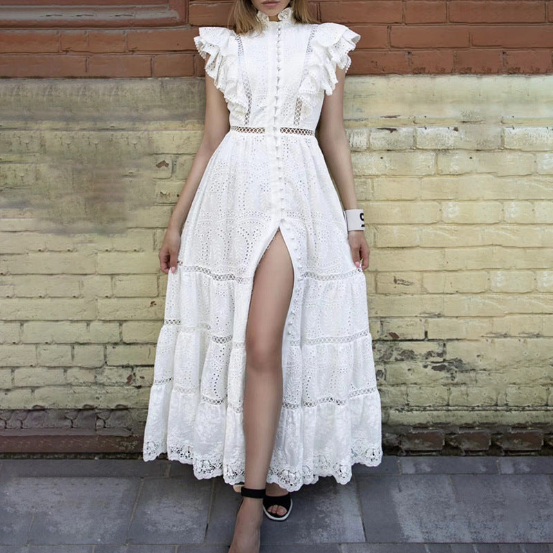 Fashion Solid Color Long Dress Spring New Fashion High-Neck Sleeveless Hollow Embroidery Dress