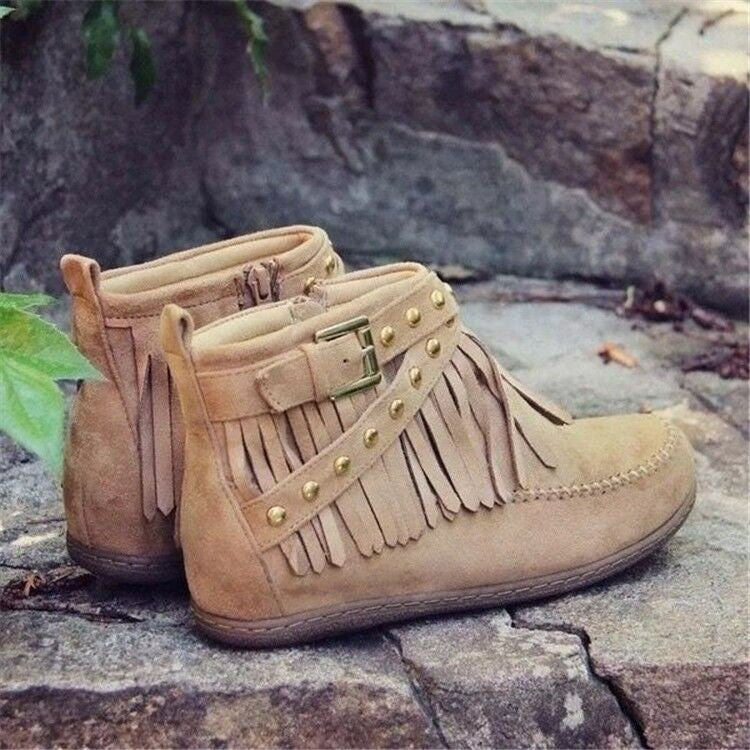 Autumn And Winter Ankle Boots Tassel Boots Women Flat Buckle Martin Boots Retro Knight Boots Horse Machine