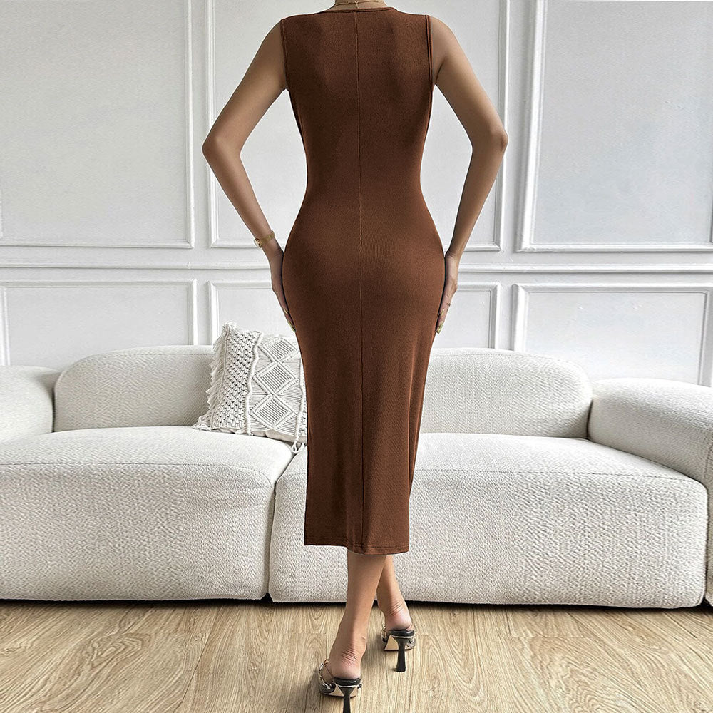 New Women's Sexy V-Neck Twist Fanny Pack Hip Slit Sleeveless Dress