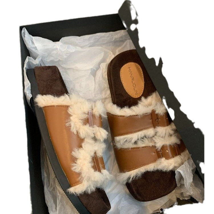 Fashion Niche Retro Furry Slippers Female Wear Autumn New Thick Soles