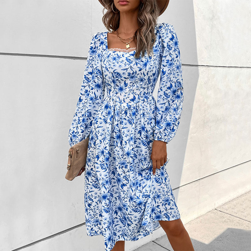 Autumn New Fashion Women's Square Collar Print Vintage Dress Women