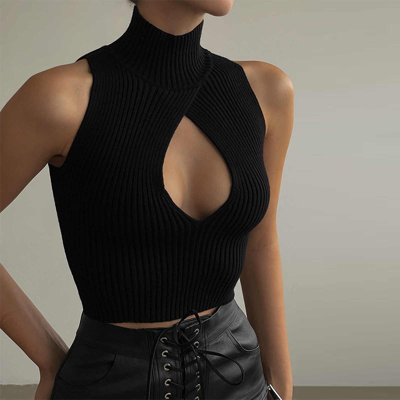 Women's Autumn New High-Neck Sleeveless Chest Hollow Design Knitted Fabric Thread Short