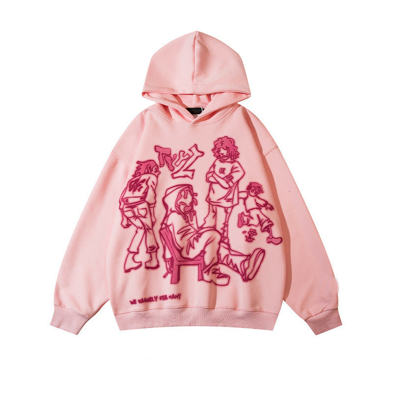 Y2K Graffiti Street Pink Casual Sports Hoodie Loose Cartoon Print Pullover Hoodie Hip Hop Men And Women