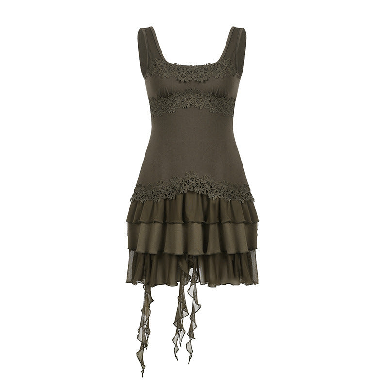 Waste Wind Flanged Irregular Halter Skirt Women's Long Layer Sense Waist Collection Bottom Dress