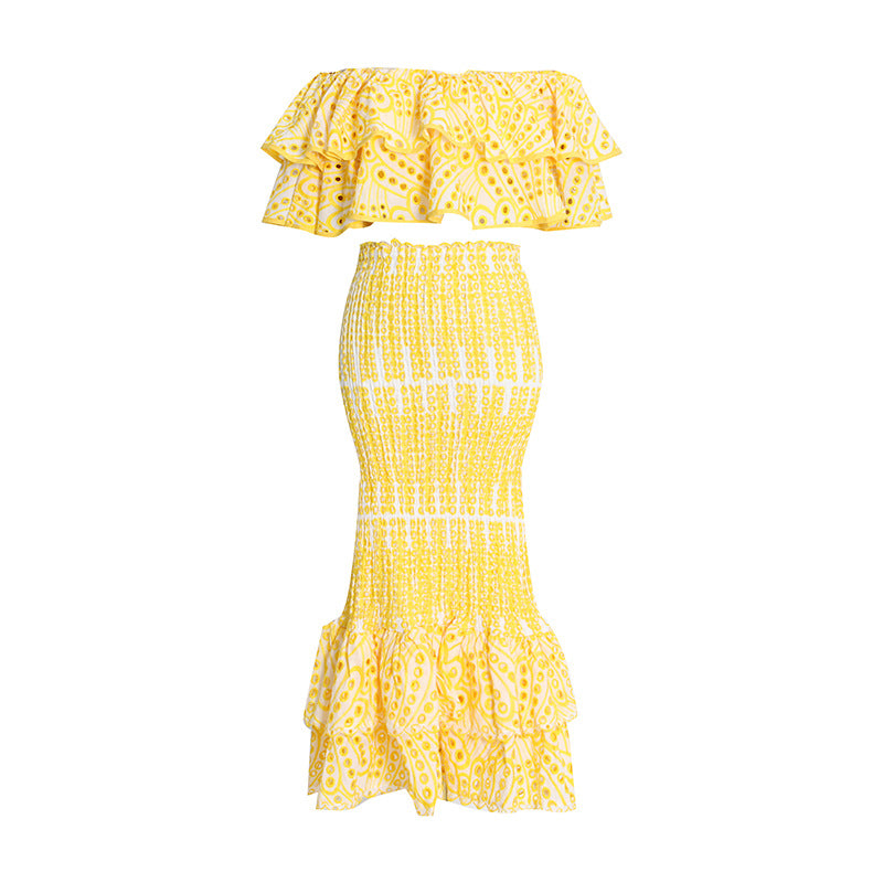 Seaside Holiday Fashion Casual Suit Women's Autumn Ruffled Irregular Shirt + High Waisted Fishtail Skirt Suit