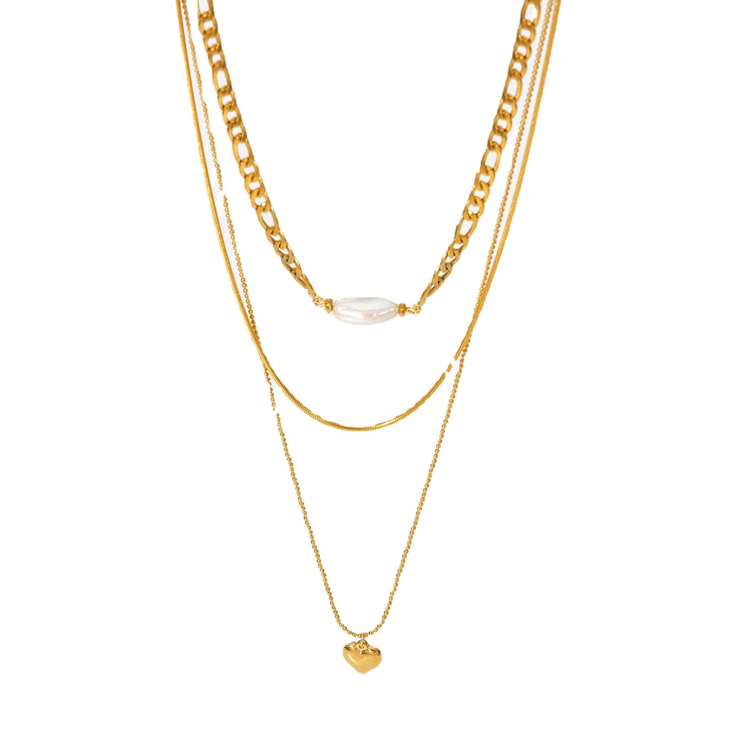 5 pcs 18K Gold-Plated Stainless Steel Three-Layer Heart-Shaped Pendant Necklace Figaro Chain Natural Light Pearl Necklace For Women