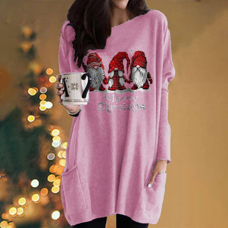 Santa Claus Printed Long Sleeve Pocket Round Neck T-Shirt Dress