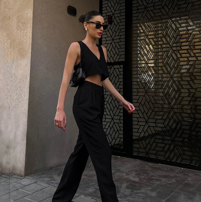 New Solid Color V-Neck Sleeveless Vest Crop Pants Suit Summer Fashion Women's Two-Piece Set