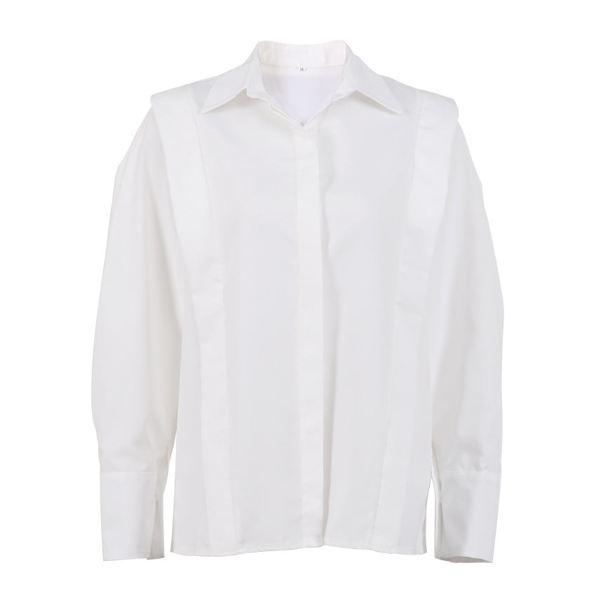 Autumn New Right Shoulder White Shirt Women's Commuter Temperament Design Sense Small Long-Sleeved Shirt Blouse