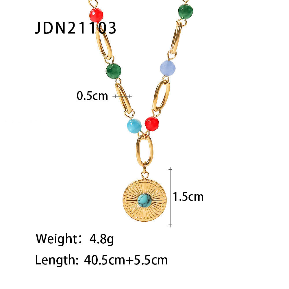 5pcs New Selling 18K Gold-Plated Stainless Steel Necklaces Inlaid With Turquoise Beads Necklace Women's Jewelry