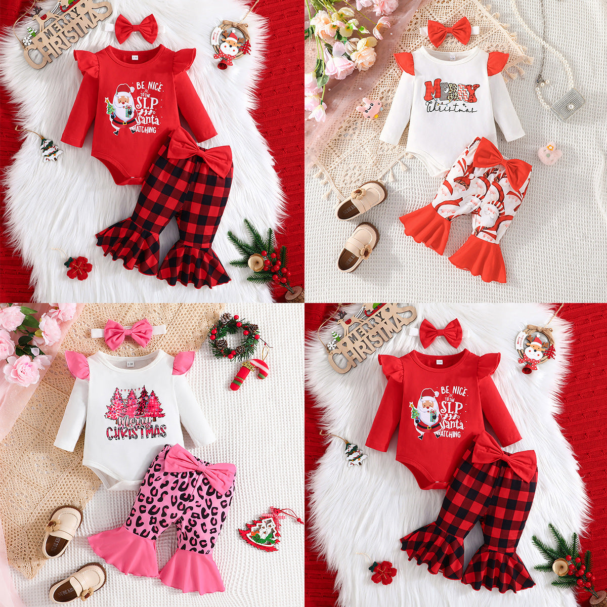 Christmas New Fashion Children's Headscarf + Lace Printed Top + Leopard Lace Pants Three-Piece Set