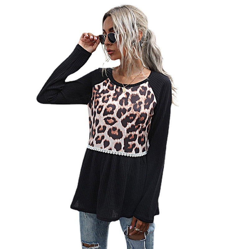 Fashion Top Splicing Long Sleeve Leopard Print Black Slim-Fit Sweater
