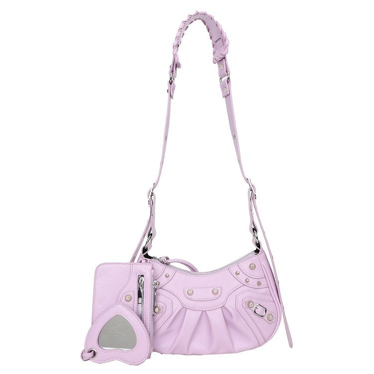 New Underarm Bag Female Retro Rivet Motorcycle Bag Fold Moon Tooth Mother Single Shoulder Crossbody Bag Female