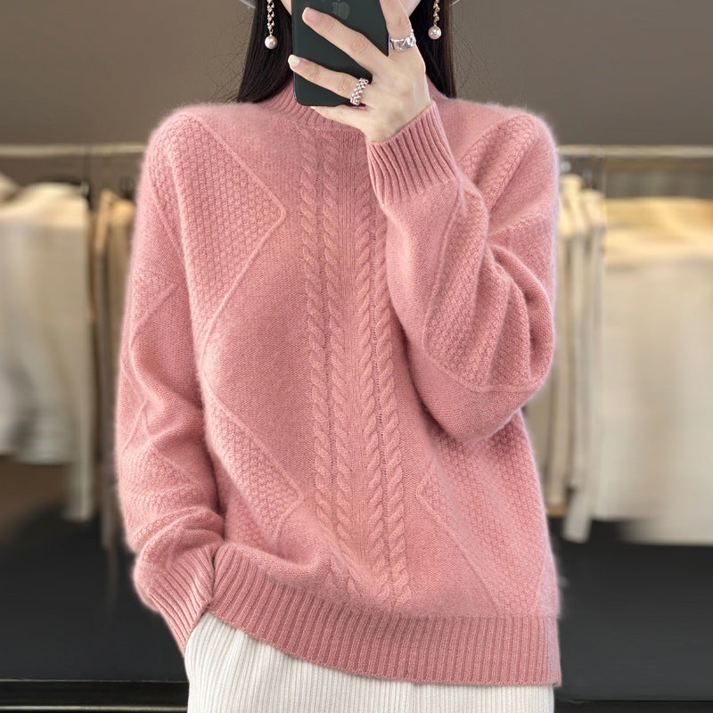 Diamond Twist Thickened Half Turtleneck 100 Woolen Sweater Women's Loose Pullover Long-Sleeved Base Sweater